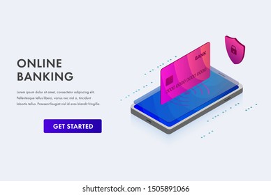 Online Mobile Banking - mobile payment finance technology business concept with personal data protection. Isometric 3D illustration  smartphone and bank card icon on white background