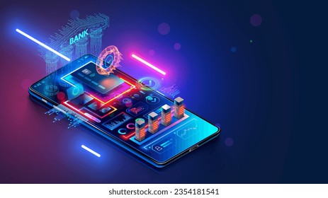 Concepto de aplicación de telefonía móvil de banca móvil en línea. Resumen Banco digital en smartphone. Aplicación de Internet bancaria en pantalla de teléfono móvil. Seguridad de la transferencia bancaria móvil. Pago de tarjeta bancaria en smartphone.