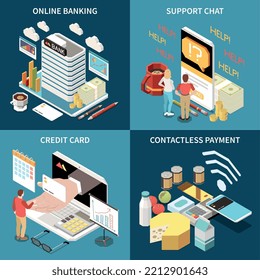 Online mobile banking service 2x2 isometric concept set of credit card contactless payment support chat square icons vector illustration