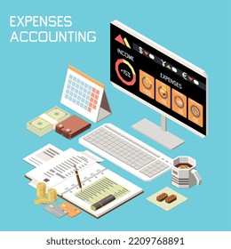 Online mobile banking services isometric composition illustrated computer screen with app showing expenses and income accounting vector illustration