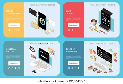 Online mobile banking services landing pages with information about bank details personal account currency management online transaction isometric vector illustration