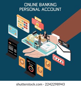 Mobile Online-Banking-Dienstleistungen, die Ausgaben und Einkommenskontrolle Sms Benachrichtigung persönliche Daten Schutz isometrische Design-Konzept Vektorgrafik