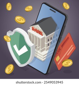 Concepto de transacción de banca móvil en línea. Pago digital o servicio de reembolso en línea. Ilustración isométrica de Vector.