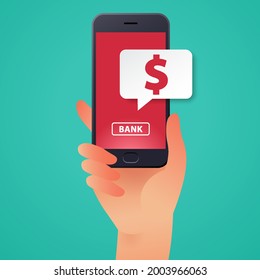 Online mobile Banking vector illustration with a hand holding smartphone and currency icon