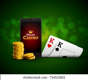 Online mobile casino app. Poker gambling app. Casino vector game background with cards and phone.