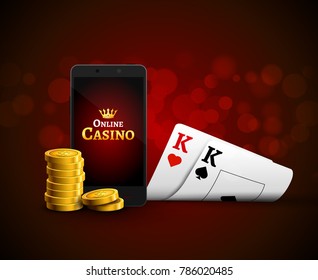 Online mobile casino app. Poker gambling app. Casino vector game background with cards and phone.