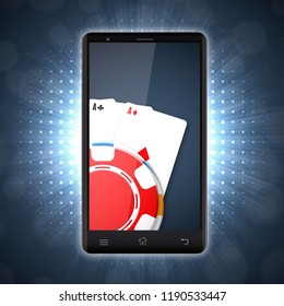 Online mobile casino background. Casino online concept. Smart phone with chips and cards. 3d illustration. EPS10 vector