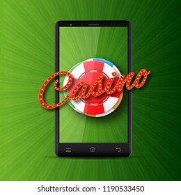 Online mobile casino background. Casino online concept. Smart phone with chips. 3d illustration. EPS10 vector