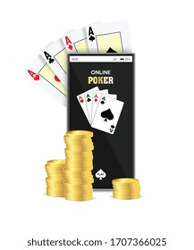 Online mobile casino background. Poker application for online game. Smart phone with cards and coins. Vector illustration. 