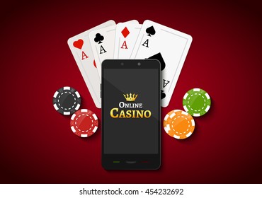 Online mobile casino background. Poker app online concept. Smart phone with chips, cards.