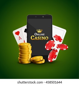 Online mobile casino background. Poker app online concept. Smart phone with chips, cards and coins.