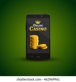 Online mobile casino background. Poker app online concept. Smart phone with coins.