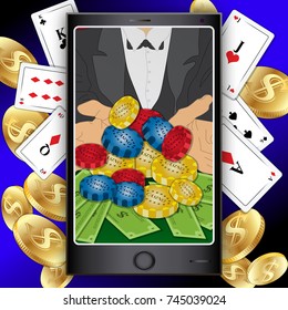 
Online mobile casino background. Poker app online. Smart phone. Elements for gambling