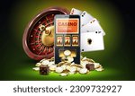Online mobile casino banner. Slot machine banner in mobile phone. Golden realistic coins, playing card,dice.Vector gambling illustration.