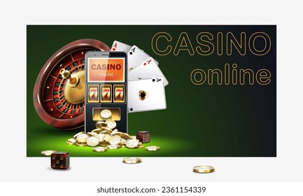 Online mobile casino banner. Smartphone with casino slot machine and golden realistic coins. Winning combination numbers of lucky three sevens jackpot. Playing card,dice ,roulette wheel  
