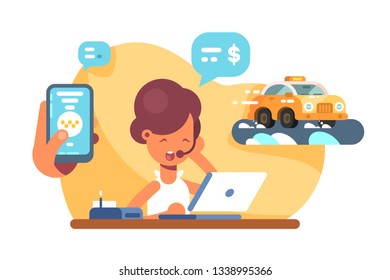 Online Mobile City Taxi Transportation Vector Illustration. Hand Holding Phone With Application Call Taxicab Flat Style Concept. Dispatcher Taking Order On Cab