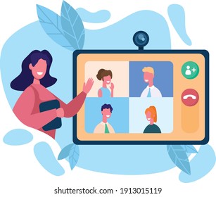 Online mobile conference with group. Flat design illustration. Vector