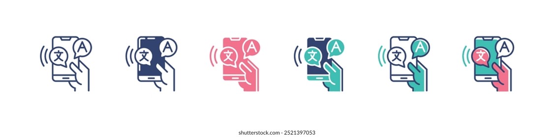 online mobile language translate icon set hand holding mobile phone translation tools with bubble chat  vector illustration international communication dictionary symbol design for web and app