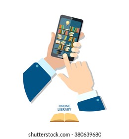 Online mobile library mobile app Library shelf in smart phone tablet 