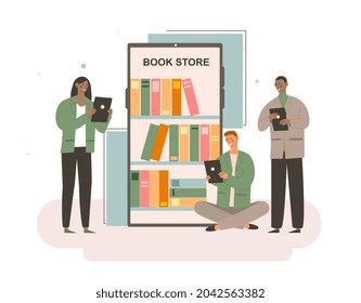 Online Mobile Library concept. Man and woman buy Electronic books in store and read them. Characters fond of literature. Cartoon contemporary flat vector illustration isolated on white background