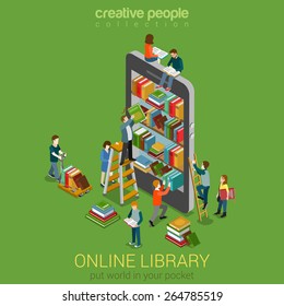 Online mobile library creative modern 3d flat design web isometric concept. Library shelf in smart phone tablet micro people on ladders reading put take off books. World knowledge in pocket. 