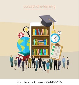 Online mobile library in smartphone. Concept of education. Books in smart phone tablet, micro people standing around. Vector illustration