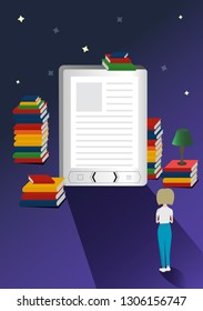 Online mobile library vector concept. E-books 3d illustration with micro girl. More books.