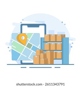 Online Mobile Logistics Cargo Delivery Service Concept. Delivery service via device, City map app for parcel warehouse delivery, goods tracking, flat design illustration on background.