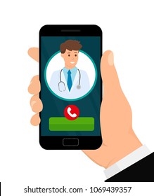 Online mobile medical concept. Hand holding mobile phone with app for healthcare. Vector illustration in flat style. EPS10.