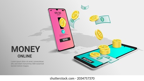 Online mobile money transfer for financial transactions 
3d vector illustration, Money online. Mobile banking. Financial savings. online payment. cashback. passive income. send and receive money.