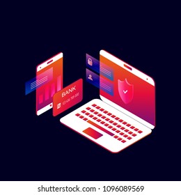 Online mobile payment 3d isometric vector illustration design. Online money transfer, m-banking, e-banking, secure financial transaction, internet money transfer design for web banners and apps