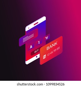 Online mobile payment 3d isometric vector illustration design. Online money transfer, m-banking, e-banking, financial transaction, internet money transfer design for web banners and apps