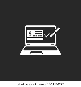 Online mobile payment approved on laptop sign simple icon on background