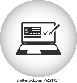 Online mobile payment approved on laptop sign simple icon on background