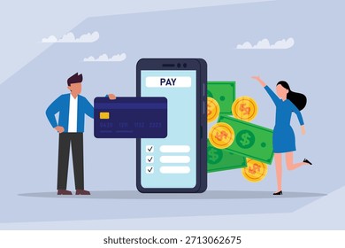 Pago móvil en línea y concepto bancario con Smartphone, tarjeta de crédito, dinero y caracteres 2d Ilustración vectorial plana