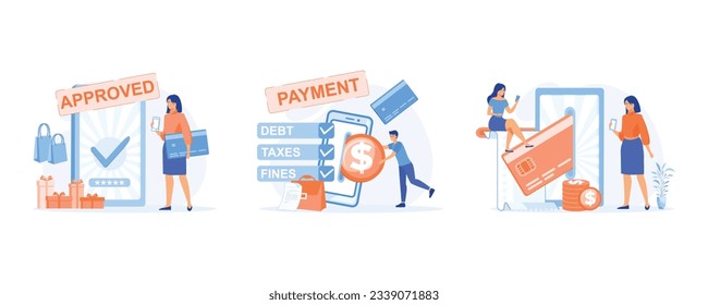Online mobile payment and banking service, payment approved, paying taxes and debts on the cellphone apps, Mobile payment, online banking. set flat vector modern illustration