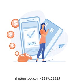 Online mobile payment and banking service  Concept. woman pays with mobile phone successfully and safely. flat vector modern illustration 