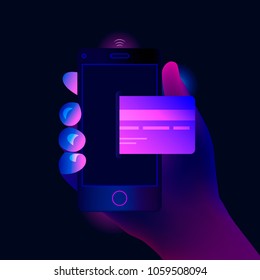 Online mobile payment concept. Hand holding mobile phone with credit card on the screen. Mobile payment, transaction or donation. Trendy style background. Vector illustration.