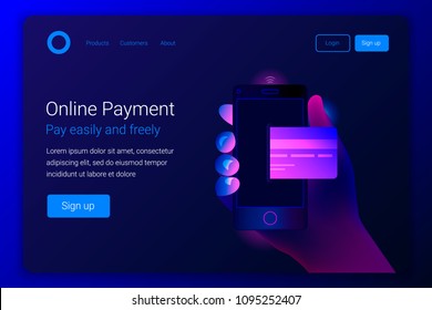 Online mobile payment concept. Hand holding mobile phone with credit card on the screen. Mobile payment, transaction or donation. Landing page template. Vector illustration.