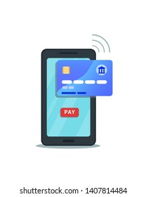 Online mobile payment concept. Internet banking. Flat smartphone icon with pay button isolated on white background. Secure wireless transaction via credit card with nfc technology and mobile app.