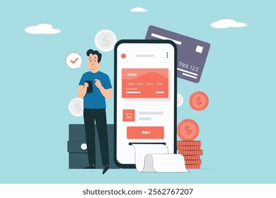 Online mobile payment concept. Person making a secure online payment using a smartphone, e-wallet symbolizing e-commerce and digital transactions.