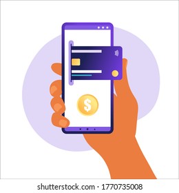 Online mobile payment concept. Mobile phone with credit card icon on the touch screen. Data protection concept. Can use for web banner, infographics. Vector illustration in flat.