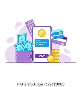 Online mobile payment concept. Mobile phone, wallet, coins, cash, credit card. Online transaction. Flat vector illustration. Banner landing page design.