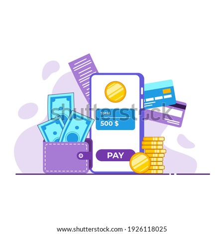Online mobile payment concept. Mobile phone, wallet, coins, cash, credit card. Online transaction. Flat vector illustration. Banner landing page design.