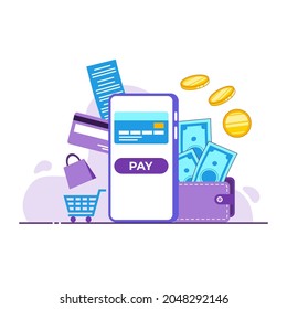 Online mobile payment concept. Online shopping with mobile concept. Mobile phone, credit card, wallet, coins, cash, cart, shopping bag. Flat illustration.