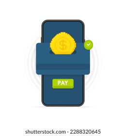 Online Mobile Payment Konzept. Smartphone mit Kreditkarte auf dem Bildschirm, Münze und Häkchen. Erfolgreiche Zahlung auf Kreditkarte. NFC-Zahlungen, Online-Shopping und Online-Banking. Vektorgrafik.