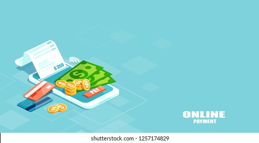 Online mobile payment concept. Vector of electronic bill, sms notification, pay history, finance data protection, smartphone with credit card. 