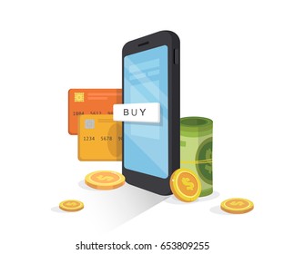 Online mobile payment concept.Internet banking, Mobile wallet.mobile phone with credit card, money, and coins.