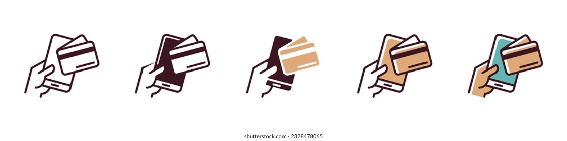 online mobile payment icon. hand holding smartphone with credit card cashless paying method symbol illustration digital payment line design vector