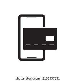 online mobile payment icon. Smartphone with credit card icon in black flat glyph, filled style isolated on white background